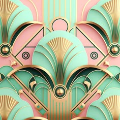 an art deco wallpaper design with gold and green accents on pink background by corbi