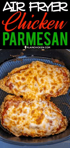 air fryer chicken parmesan pizza in a cast iron skillet with text overlay