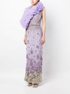 Saiid Kobeisy Beaded Tulle Long Dress - Farfetch Tulle Long Dress, Saiid Kobeisy, Bead Embellishment, Beaded Tulle, Tulle Gown, Purple Dress, Long Length, Floor Length, Open Back