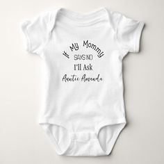 Funny Baby Bodysuit for Soon to be Aunt. Click on "Personalize" to change text, for additional customization (font color, font style, remove or move text, add photo), scroll down on "Personalize" and click on link "Edit using design tool" Funny Aunt Shirts For Babies, Funny Aunt Onesie, Aunt Things, Aunt Baby Clothes, Baby Clothes Funny, Making Baby Clothes, Onesie Ideas, Link Edit, Auntie Baby