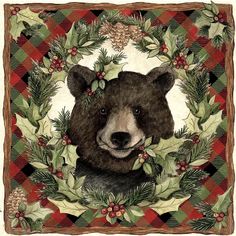 a bear with holly wreaths and pine cones