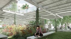 an artist's rendering of a woman sitting on a bench in a garden area