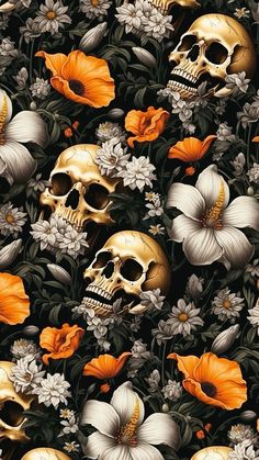 a bunch of skulls and flowers on a black background with orange, white, and grey colors