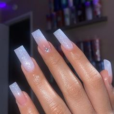 Clear Sparkly Nails Acrylic, Clear Glitter Ombre Acrylic Nails, White Glitter Nails Acrylic Sparkle, White Aradesent Nails, Birthday Nails Clear Acrylic, Shiny Ombre Nails, Ombre Nails Milky White, Birthday Ombre Nails, Milky Ombre Nails With Glitter