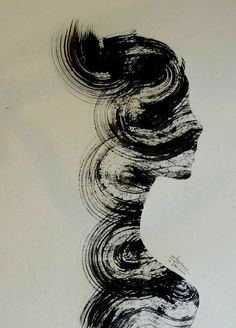 a black and white drawing of a woman's head with hair blowing in the wind