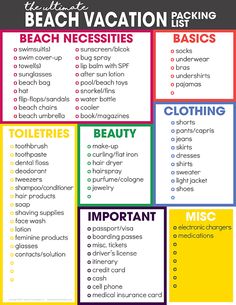 the beach vacation packing checklist is shown in red, yellow and blue with words on it