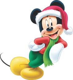 a cartoon mickey mouse wearing a santa hat and green scarf with his arms around him