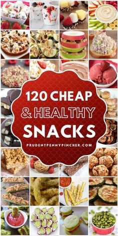 the top ten healthy snacks are shown in this collage with text that reads,'20 cheap and healthy snacks '