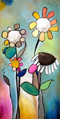 an abstract painting of flowers in vases