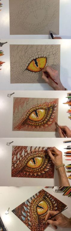 the process of drawing an eye with colored pencils is shown in three different stages