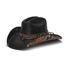 CARLY is a genuine panama straw hat featuring a large brown gem buckle, a floral design on black genuine leather, and a floral design with studs underneath the curved brim. Perfect for your stampede collection, this hat has a 4 inch brim to provide you with maximum protection from the sun. Red Hibiscus Flower, Black Cowboy Hat, Hibiscus Red, Black Cowboys, Outback Hat, Hat Stand, Red Hibiscus, Felt Cowboy Hats, Straw Cowboy Hat