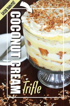 an image of a trifle cake with coconut cream on top and the words coco coconut cream below it