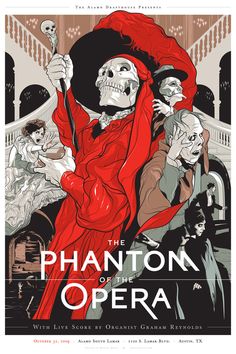 the phantom of the opera poster with an image of a skeleton holding a red umbrella