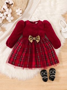 Girls Baby Tartan Print Bow Front Mesh Overlay Dress Red   Long Sleeve Knitted Fabric Plaid A Line Slight Stretch  Baby Girls Clothing, size features are:Bust: ,Length: ,Sleeve Length: Fur Dress, Mesh Overlay Dress, 21st Dresses, Overlay Dress, Girls Sweet, Mesh Overlay, Red Collar, Long Sleeve Knit Tops