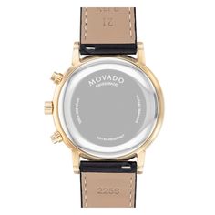 This contemporary men's watch from Movado Museum Sport collection is sure to turn heads. The watch is 42mm in diameter and features a yellow gold PVD stainless steel case, gold-tone bezel, black chronograph dial, Swiss quartz movement and date window at 4 o'clock. A buckle clasp secures the black leather strap, and the watch is water-resistant to 30 meters. Yellow Gold Chronograph Round Watch Accessories, Yellow Gold Chronograph Watch Accessories, Yellow Gold Watch Accessories With Tachymeter, Yellow Gold Chronograph Watch Accessories For Business, Gold Business Watch With Tachymeter, Gold Chronograph Watch With Round Dial For Business, Gold Chronograph Watch For Business, Yellow Gold Chronograph Watch With Subdials, Yellow Gold Chronograph Watch Accessories With Round Dial