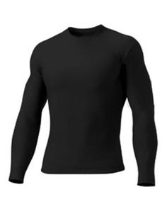 Adult Polyester Spandex Long Sleeve Compression T-Shirt - BLACK - XS | A4 Adult Polyester Spandex Long Sleeve Compression T-Shirt in Black Size XS Stretch Solid Color Rash Guard With Crew Neck, Snug Fit T-shirt With Crew Neck For Workout, Snug Fit T-shirt For Workout With Crew Neck, Snug Fit Crew Neck T-shirt For Workout, Moisture-wicking Snug Fit Crew Neck Top, Moisture-wicking Crew Neck Top With Snug Fit, Fitted Crew Neck Shirt For Sports, Moisture-wicking Fitted Crew Neck Rash Guard, Fitted Moisture-wicking Shirt With Crew Neck