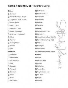 the camp packing list is shown in black and white