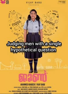 a woman standing in front of a yellow background with the words judging men with a single h