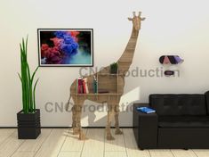 a giraffe made out of wood is standing in front of a black couch