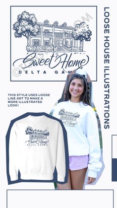 an advertisement for sweet home sweaters with the image of a woman in shorts and a sweatshirt