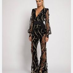 Very Elegant And Modern Jumpsuit. Like New - Worn Just Once. Fitted Embellished Jumpsuits And Rompers For Gala, Glamorous Fitted Jumpsuits And Rompers For Gala, Embellished V-neck Jumpsuits And Rompers For Evening, Chic Embellished Jumpsuit For Gala, Fitted Long Sleeve Sequin Pantsuit, Cocktail Embellished Fitted Jumpsuits And Rompers, Fitted Sequined Pantsuit With Long Sleeves, Fitted Embellished Jumpsuit For Cocktail, Embellished Fitted Jumpsuit For Cocktail