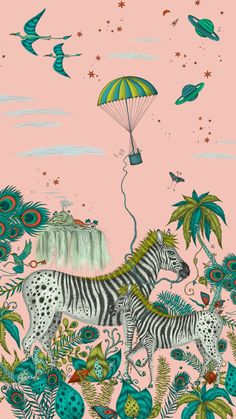 an illustration of zebras and birds in the jungle with a parasail above them