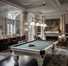 a pool table is in the middle of a room with chairs and chandeliers