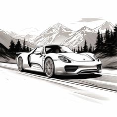 a black and white drawing of a sports car driving on a road with mountains in the background