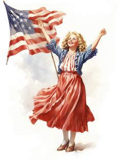 a painting of a woman holding an american flag in one hand and waving the other