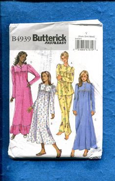 Butterick 4939 Puff sleeve nightgown and pajamas with button yoke circa 2000's Size...XS 4/6..S 8/10..M 12/14 see the sizing chart PATTERN CONDITION** UNCUT/COMPLETE ENVELOPE CONDITION/ worn, wrinkled, taped and or torn edges and corners/pen marks/discolored SEWING PATTERN NOT A FINISHED GARMENT Pajama Pattern, Night Gown, Puff Sleeve, Pajamas, Sewing Patterns, Beauty Book, Bathing Beauties, Couture, Sewing