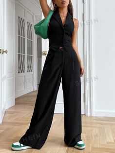 SHEIN EZwear Button Front Backless Waistcoat & Wide Leg Suit Trousers | SHEIN UK Style Tailored Pants, Outfit Ideas Formal Casual, Outfits With Tailored Pants, Wide Leg Tailored Pants Outfit, Suit Pants Outfit Women, Formal Casual Outfits Women, Suit Trousers Outfit, Women Waistcoat Outfit, Summer Formal Outfit