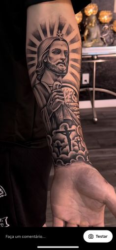 St. Jude Tattoo, Religious Tattoos For Men, Mens Body Tattoos, Arm Tattoos For Guys Forearm, Black Men Tattoos, Full Hand Tattoo, Club Tattoo, Bunny Tattoos, God Tattoos