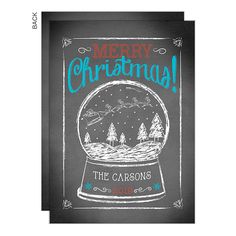 a chalkboard christmas card with the words merry christmas and an image of trees in a snow globe