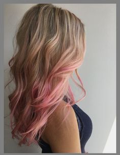 Blonde Hair With Light Pink Tips, Blonde With Pink Balayage, Pink Hair Tips Blonde, Blond Hair Pink Highlights, Pink On Blonde Hair, Blonde Hair Pink Underneath, Pink Highlights In Dirty Blonde Hair, Pink Blonde Balayage