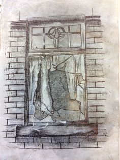 a drawing of a window with clothes hanging on the ledge in front of it and a brick wall behind it