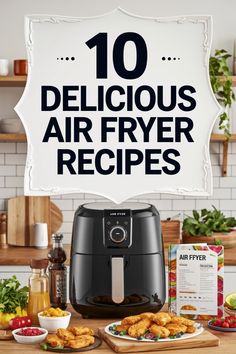 an air fryer with the words 10 delicious air fryer recipes on it and other food