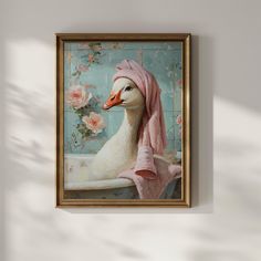 a duck with a pink towel on its head sitting in a bathtub next to flowers