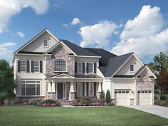 this is an artist's rendering of a two - story house with stone accents