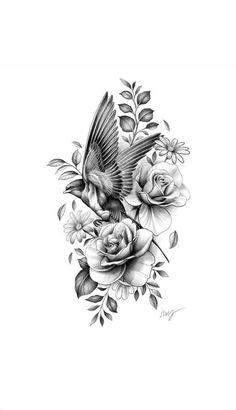 a black and white drawing of flowers with a bird flying over it's head