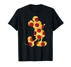 a black t - shirt with a yellow and red mouse on it