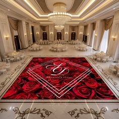 an elegant ballroom with red roses on the floor