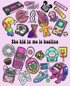 the kid in me is healthing poster with various toys and things around it on a pink background