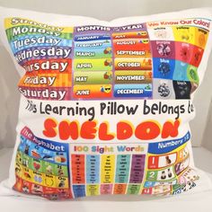 a pillow with the words learning pillow belongs to snidlor on it's side