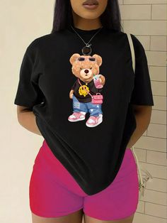 Short Noir, Animal Cartoon, Nightgowns For Women, Shorts Casual, Looks Chic, Women T Shirts, Bear Print, T Shirt And Shorts