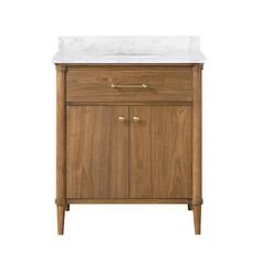 a bathroom vanity with marble top and wooden legs