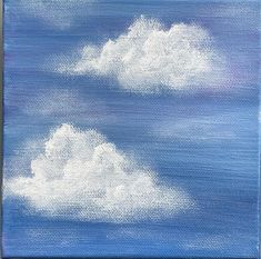 an acrylic painting of two clouds on a blue background with a purple marker next to it