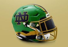 a green and yellow football helmet with the word no on it's side is shown