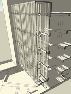 a drawing of a tall building with lots of shelves on the front and back sides