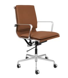 a brown office chair with chrome frame and leather upholstered seat, viewed from the front