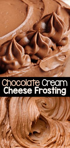 chocolate cream frosting in a bowl with text overlay that reads chocolate cream cheese frosting